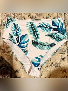 SHEIN White Bikini Bottoms with Blue Teal Tropical Leaf Print